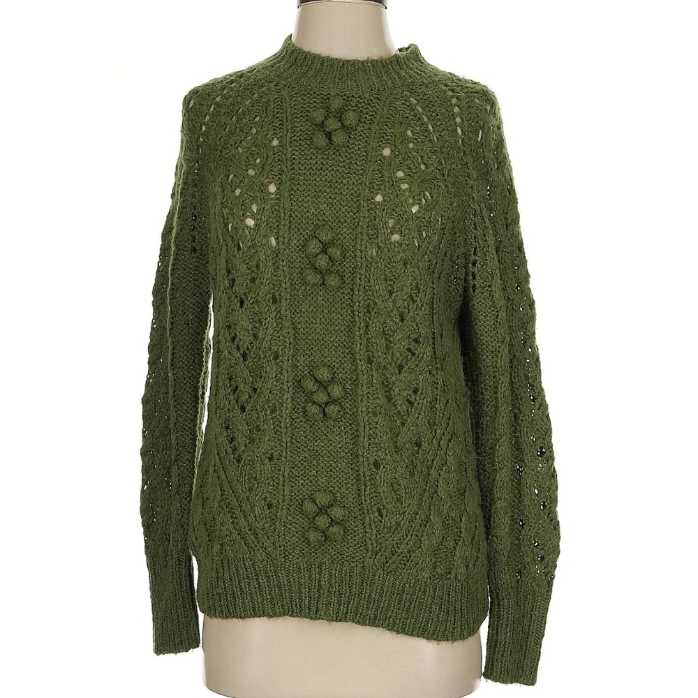 J. Crew Green Cowl Neck Cable Knit Sweater